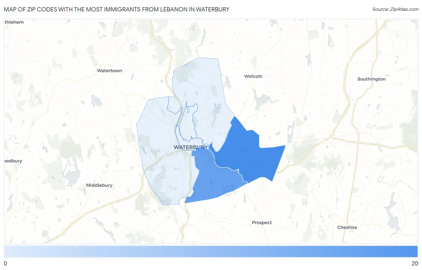Zip Codes with the Most Immigrants from Lebanon in Waterbury Map