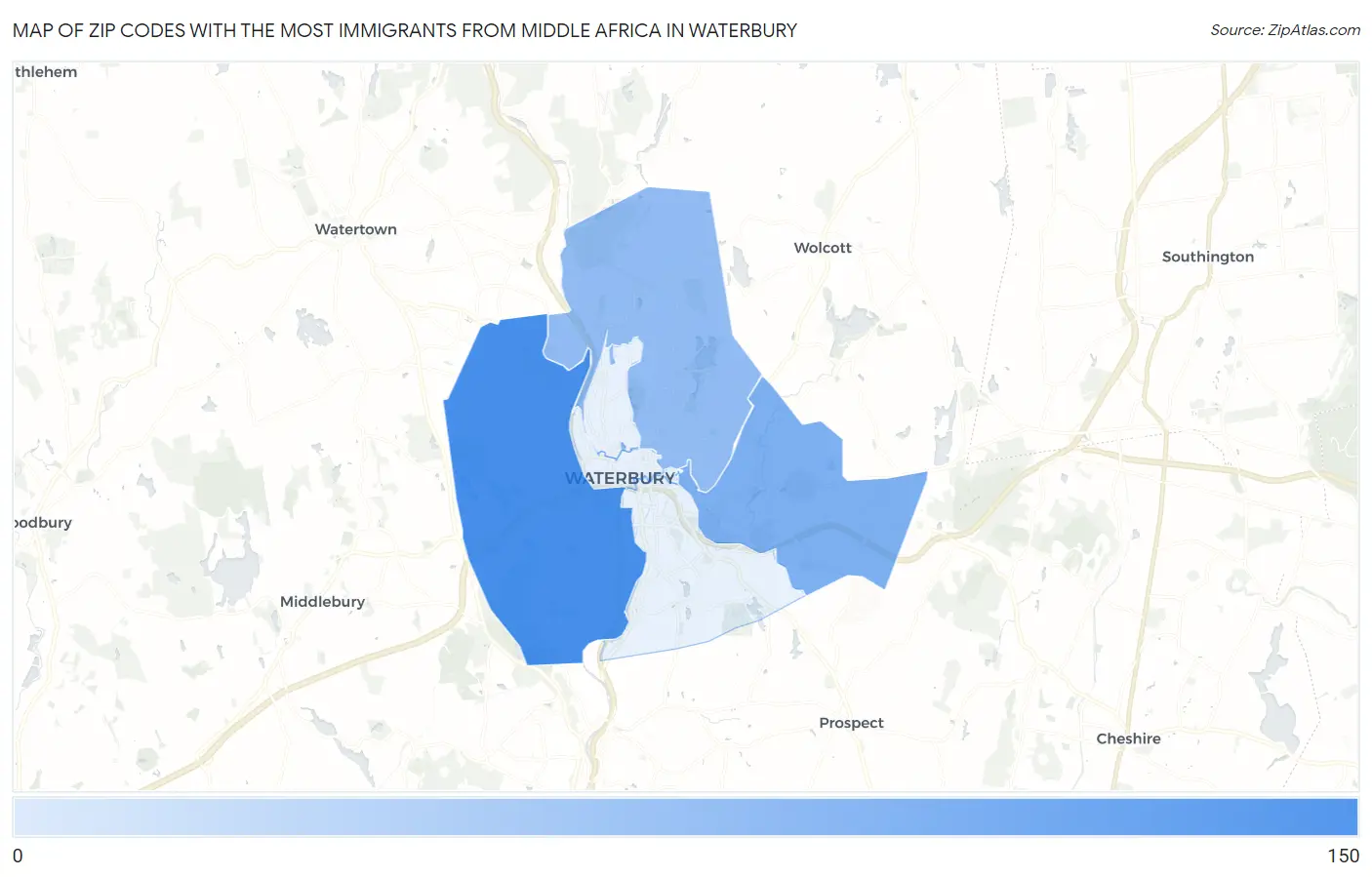 Zip Codes with the Most Immigrants from Middle Africa in Waterbury Map
