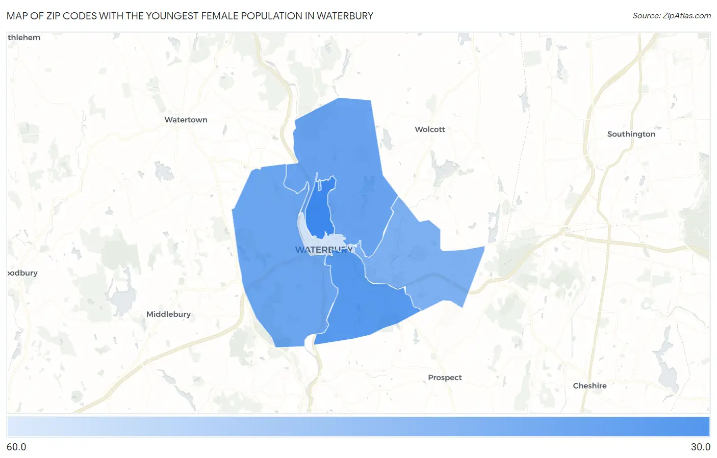 Zip Codes with the Youngest Female Population in Waterbury Map