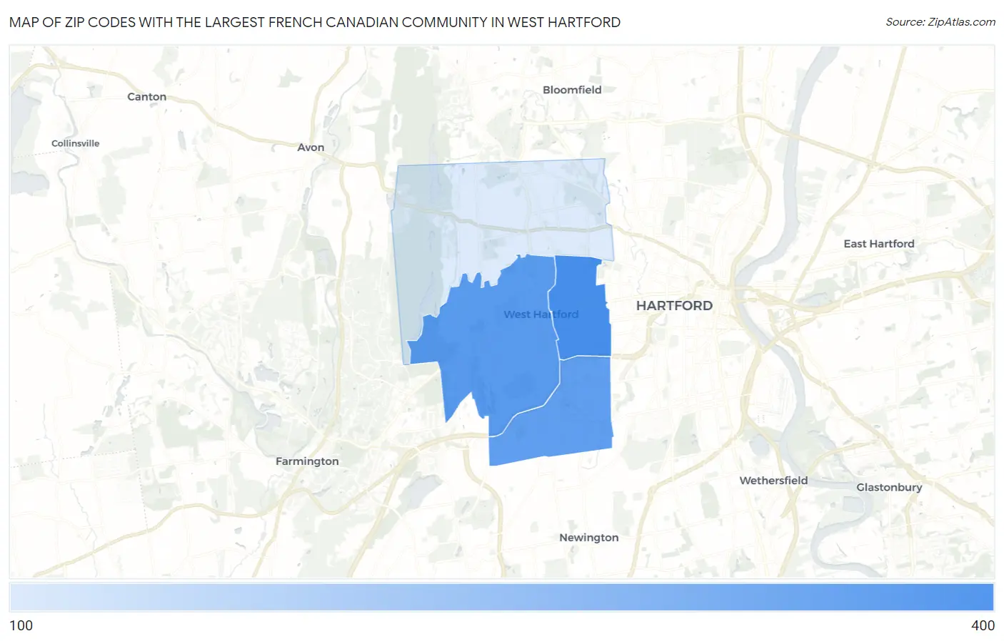 Zip Codes with the Largest French Canadian Community in West Hartford Map
