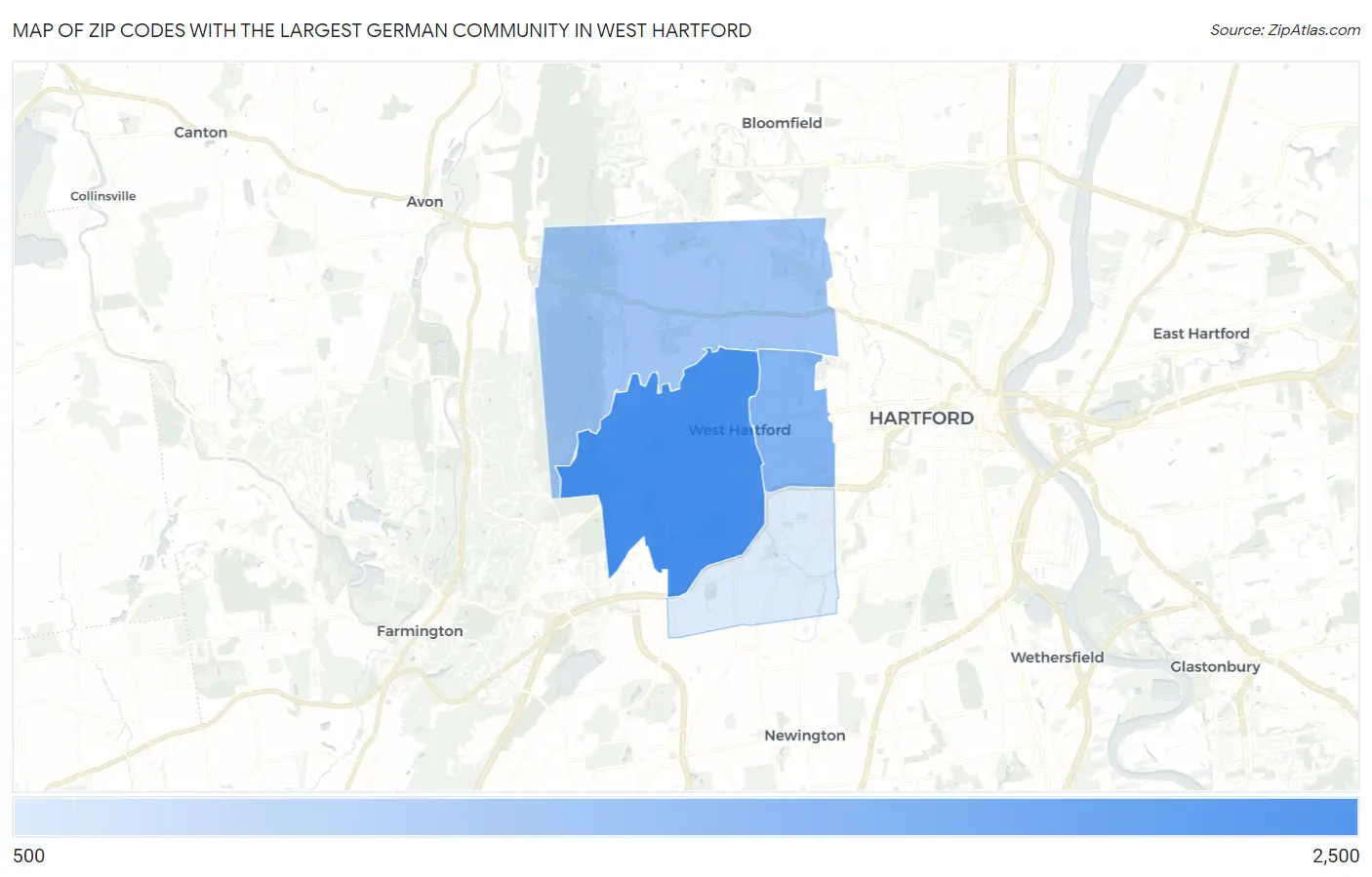 Zip Codes with the Largest German Community in West Hartford Map