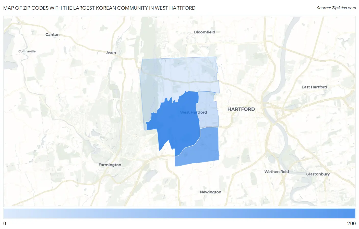 Zip Codes with the Largest Korean Community in West Hartford Map