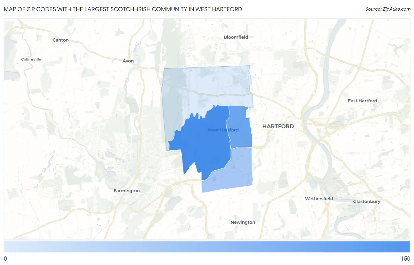 Zip Codes with the Largest Scotch-Irish Community in West Hartford Map
