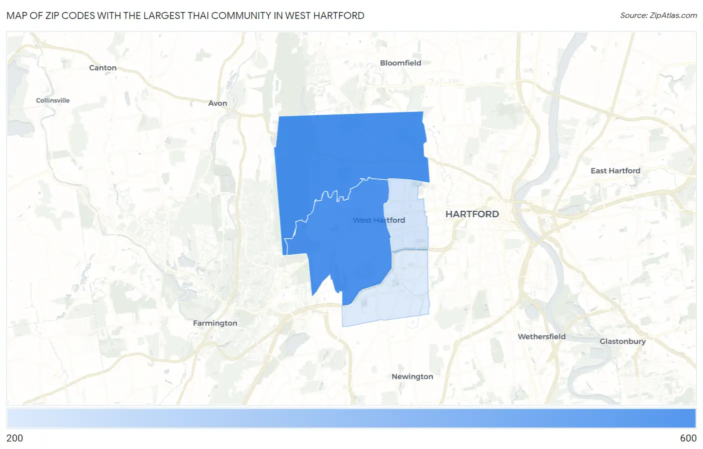 Zip Codes with the Largest Thai Community in West Hartford Map