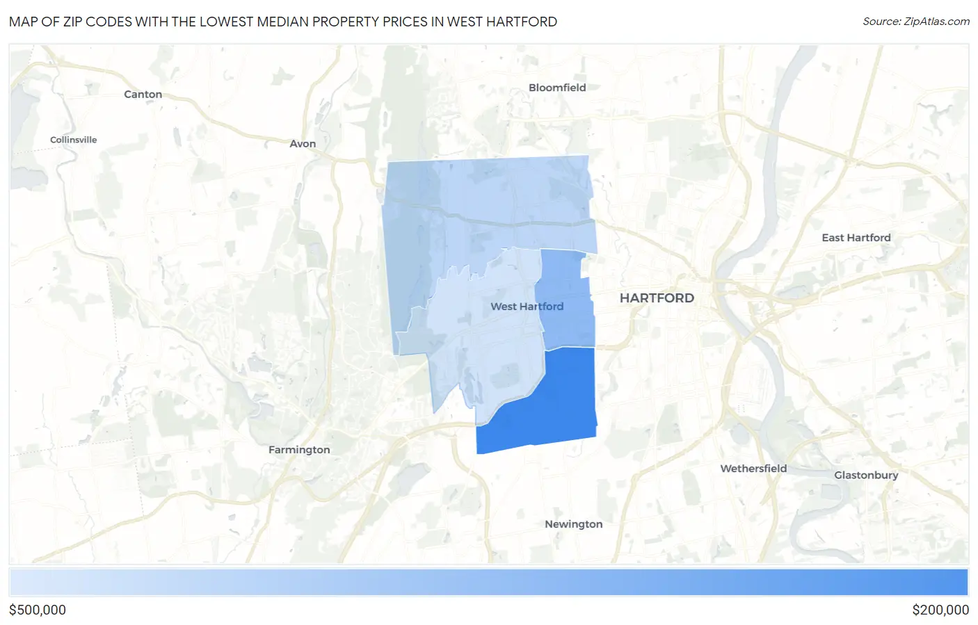 Zip Codes with the Lowest Median Property Prices in West Hartford Map