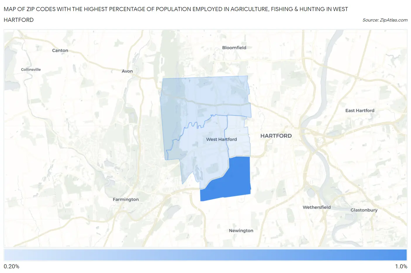 Zip Codes with the Highest Percentage of Population Employed in Agriculture, Fishing & Hunting in West Hartford Map
