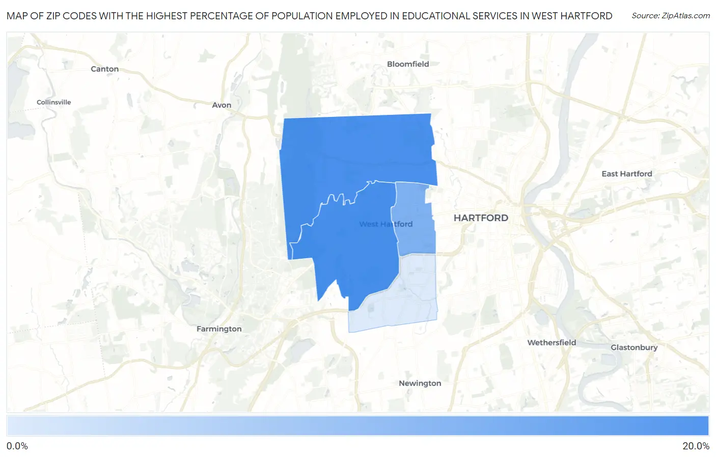 Zip Codes with the Highest Percentage of Population Employed in Educational Services in West Hartford Map