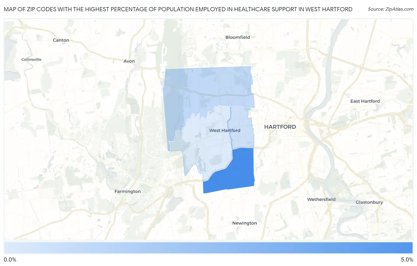 Zip Codes with the Highest Percentage of Population Employed in Healthcare Support in West Hartford Map