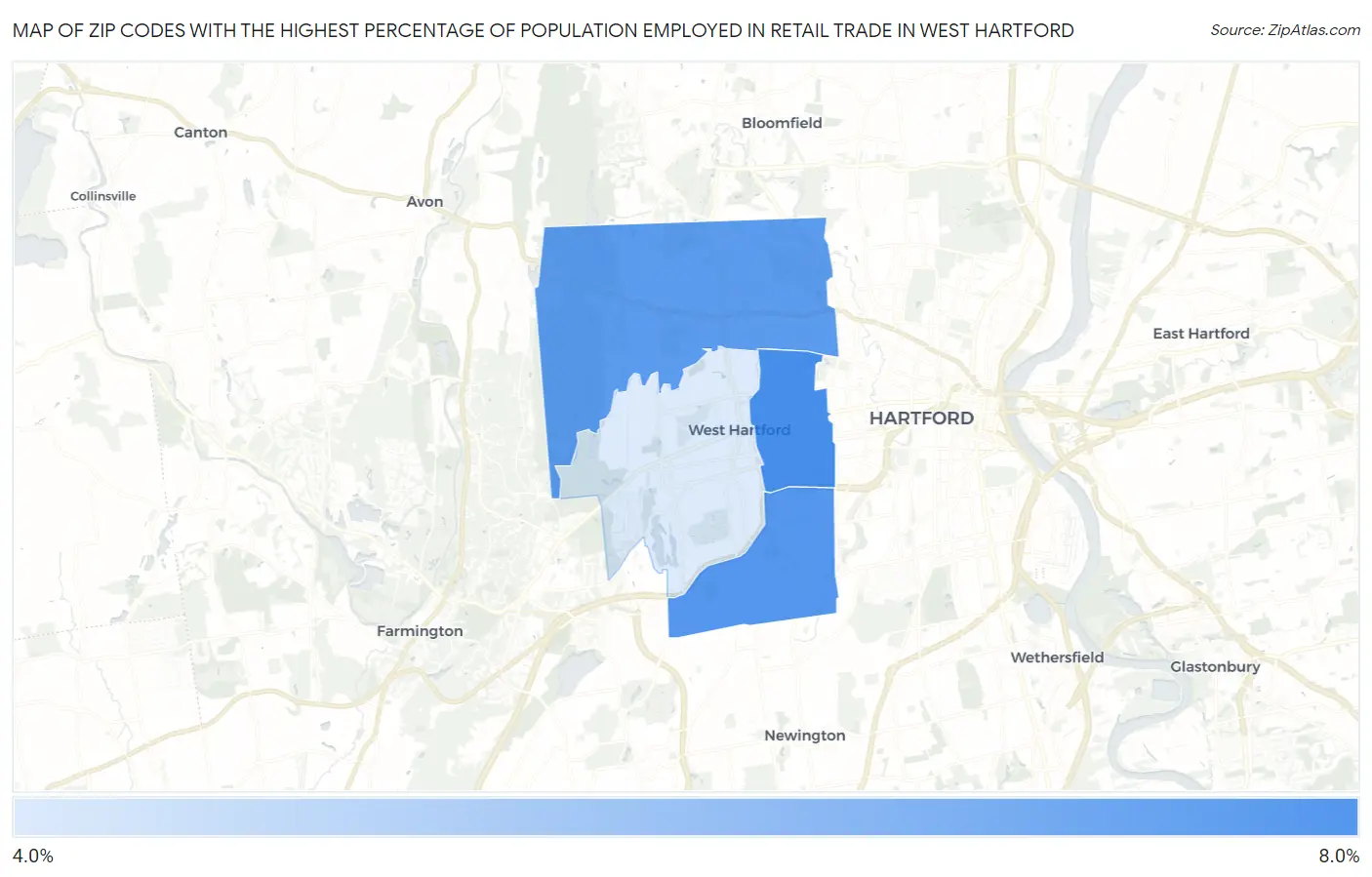 Zip Codes with the Highest Percentage of Population Employed in Retail Trade in West Hartford Map