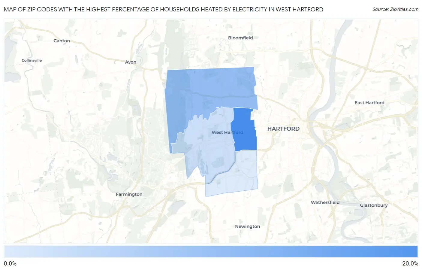 Zip Codes with the Highest Percentage of Households Heated by Electricity in West Hartford Map