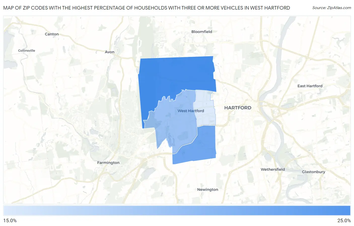 Zip Codes with the Highest Percentage of Households With Three or more Vehicles in West Hartford Map