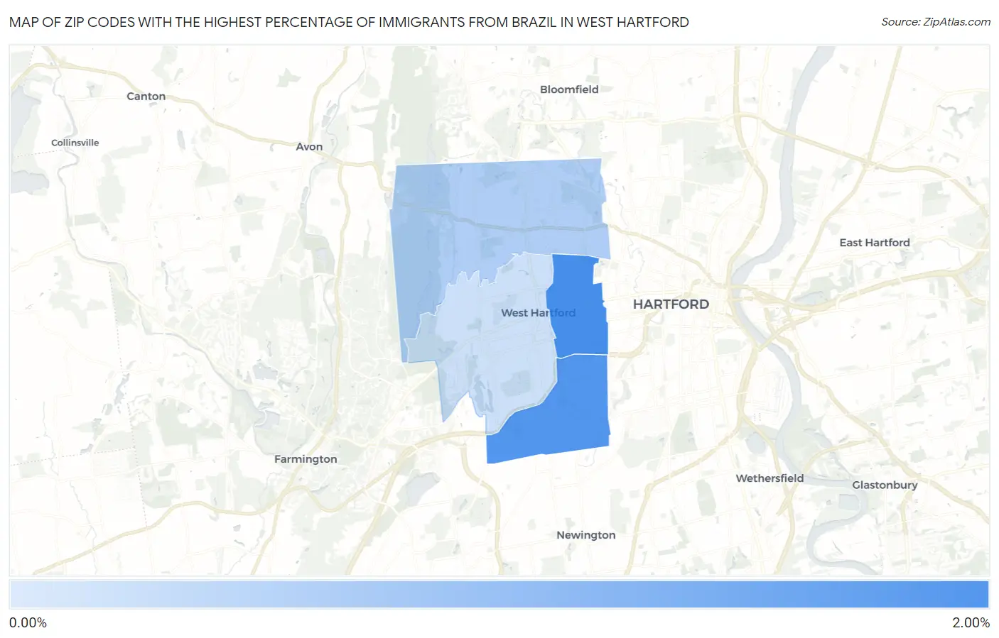 Zip Codes with the Highest Percentage of Immigrants from Brazil in West Hartford Map