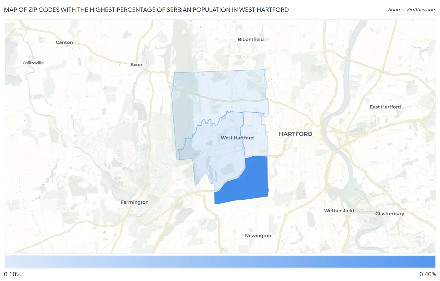 Zip Codes with the Highest Percentage of Serbian Population in West Hartford Map