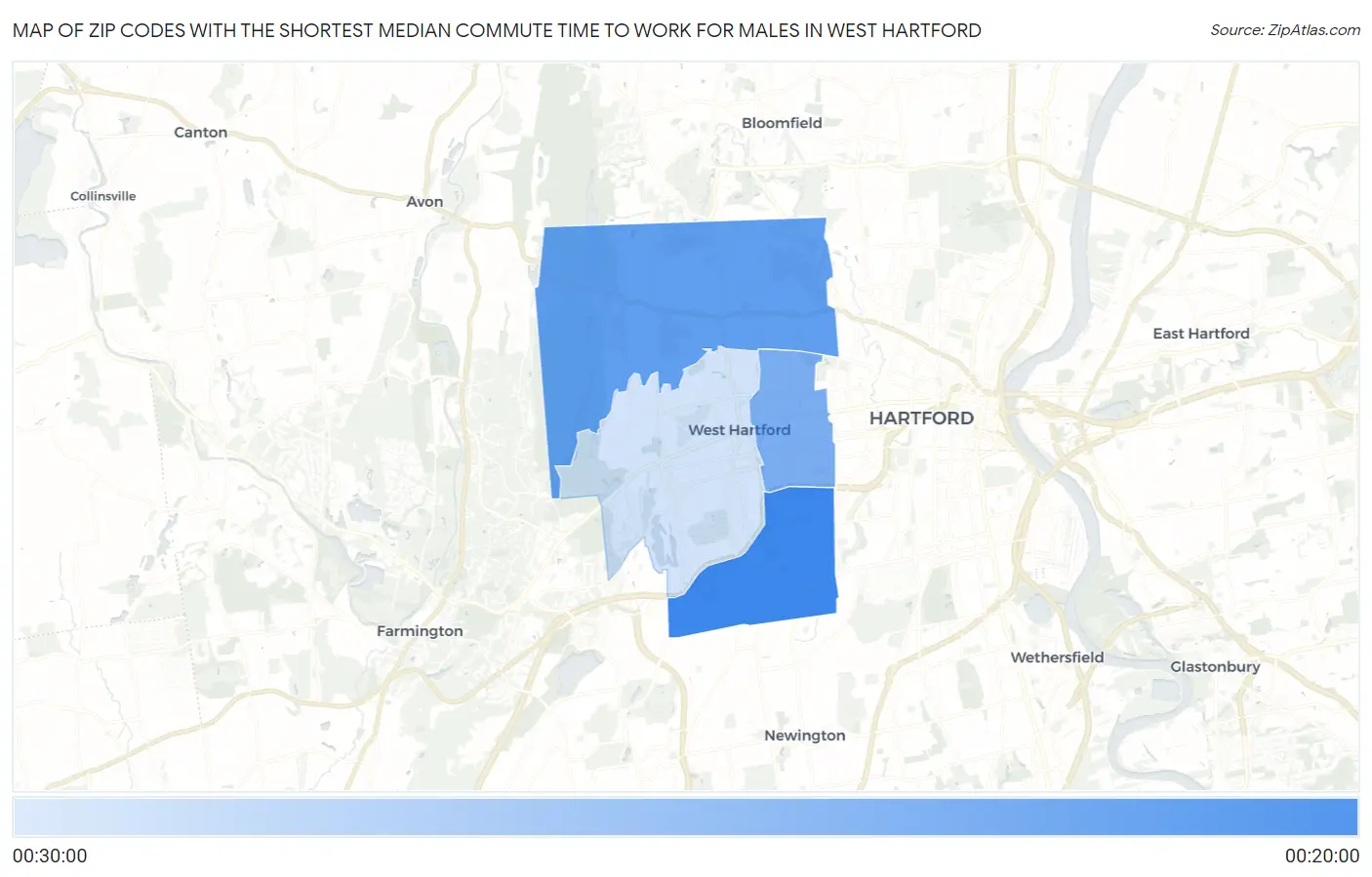 Zip Codes with the Shortest Median Commute Time to Work for Males in West Hartford Map