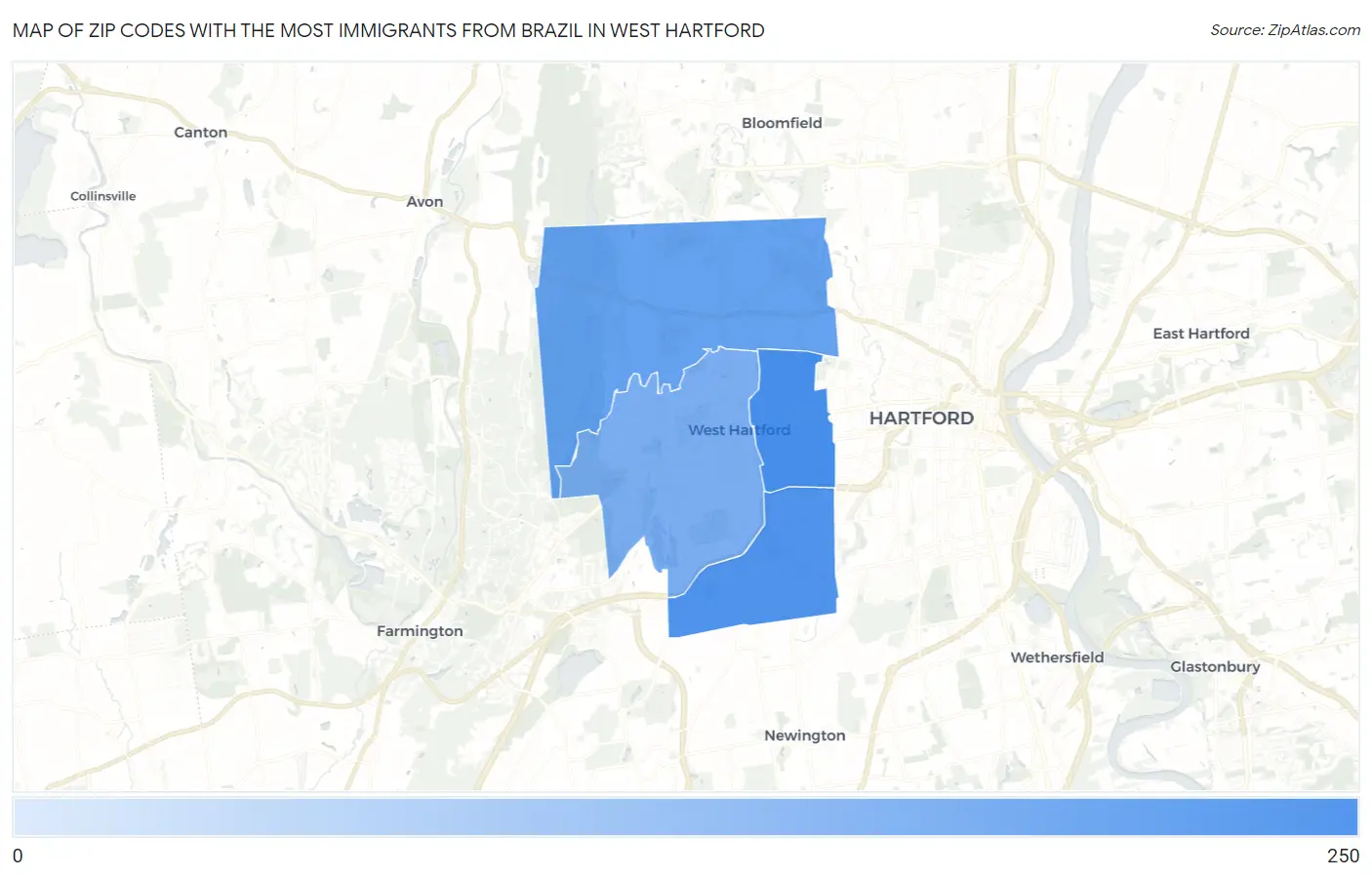 Zip Codes with the Most Immigrants from Brazil in West Hartford Map