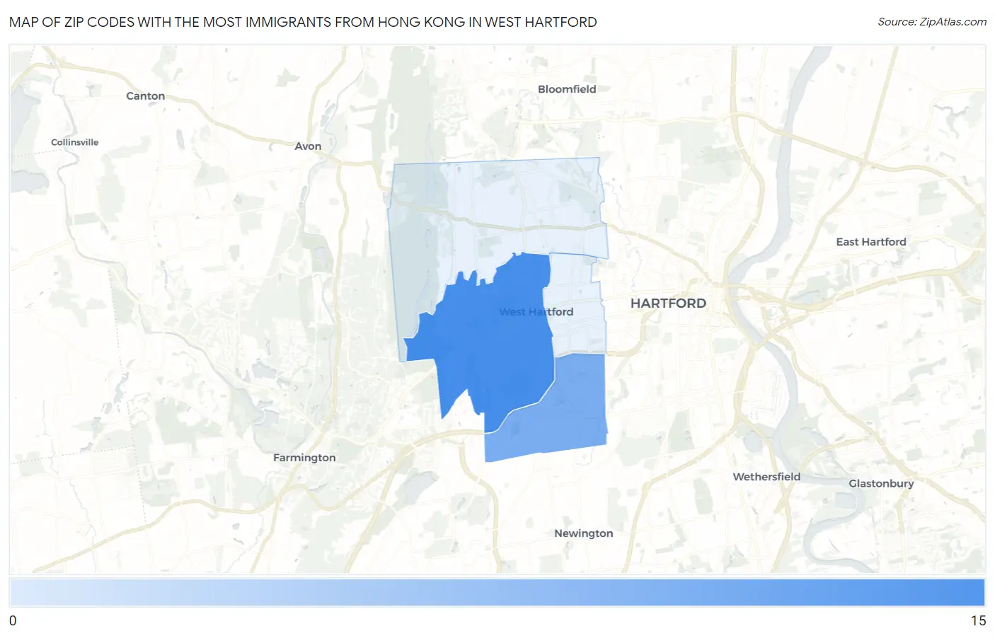Zip Codes with the Most Immigrants from Hong Kong in West Hartford Map
