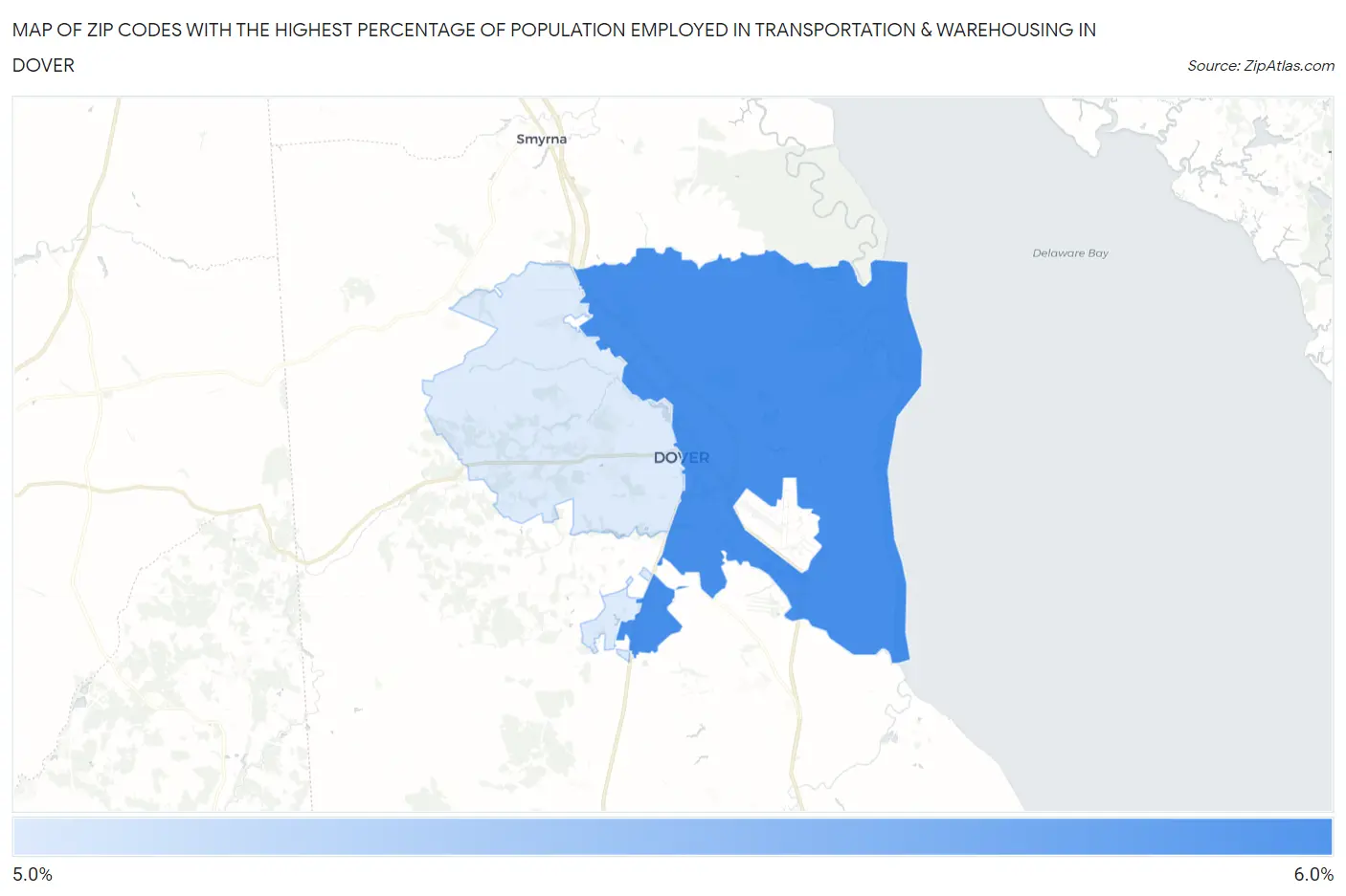 Zip Codes with the Highest Percentage of Population Employed in Transportation & Warehousing in Dover Map