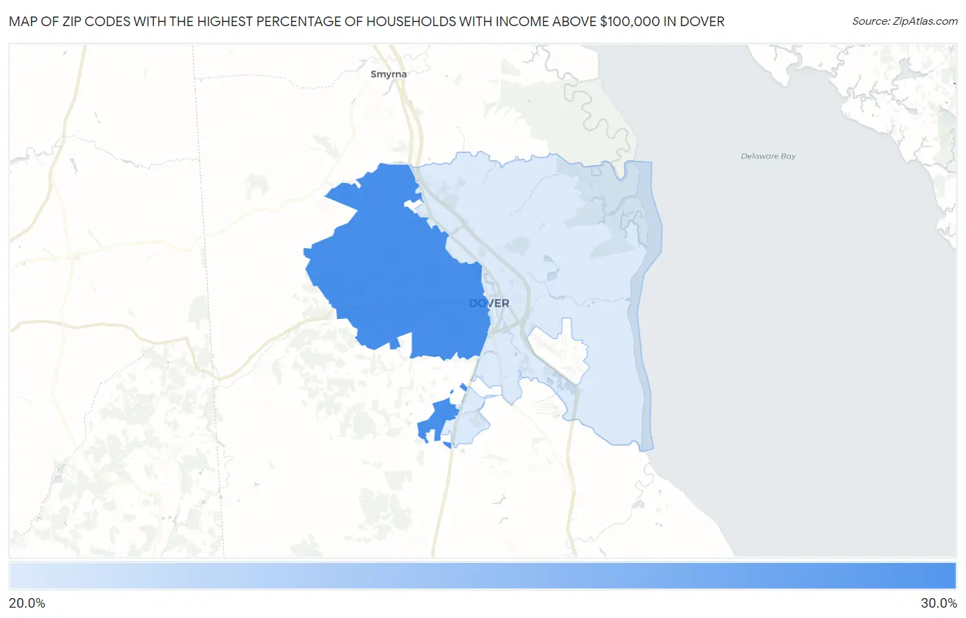 Zip Codes with the Highest Percentage of Households with Income Above $100,000 in Dover Map