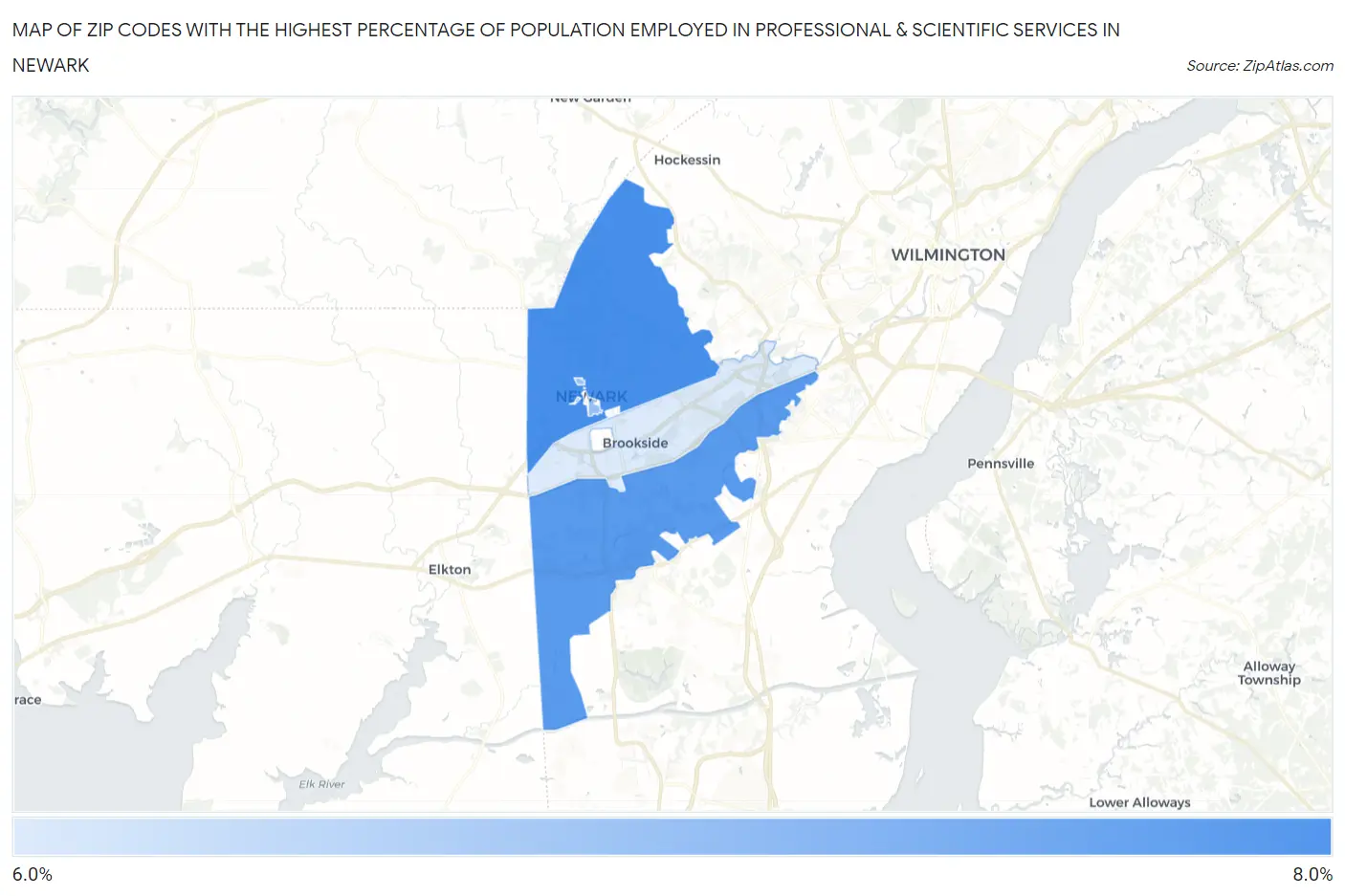 Zip Codes with the Highest Percentage of Population Employed in Professional & Scientific Services in Newark Map
