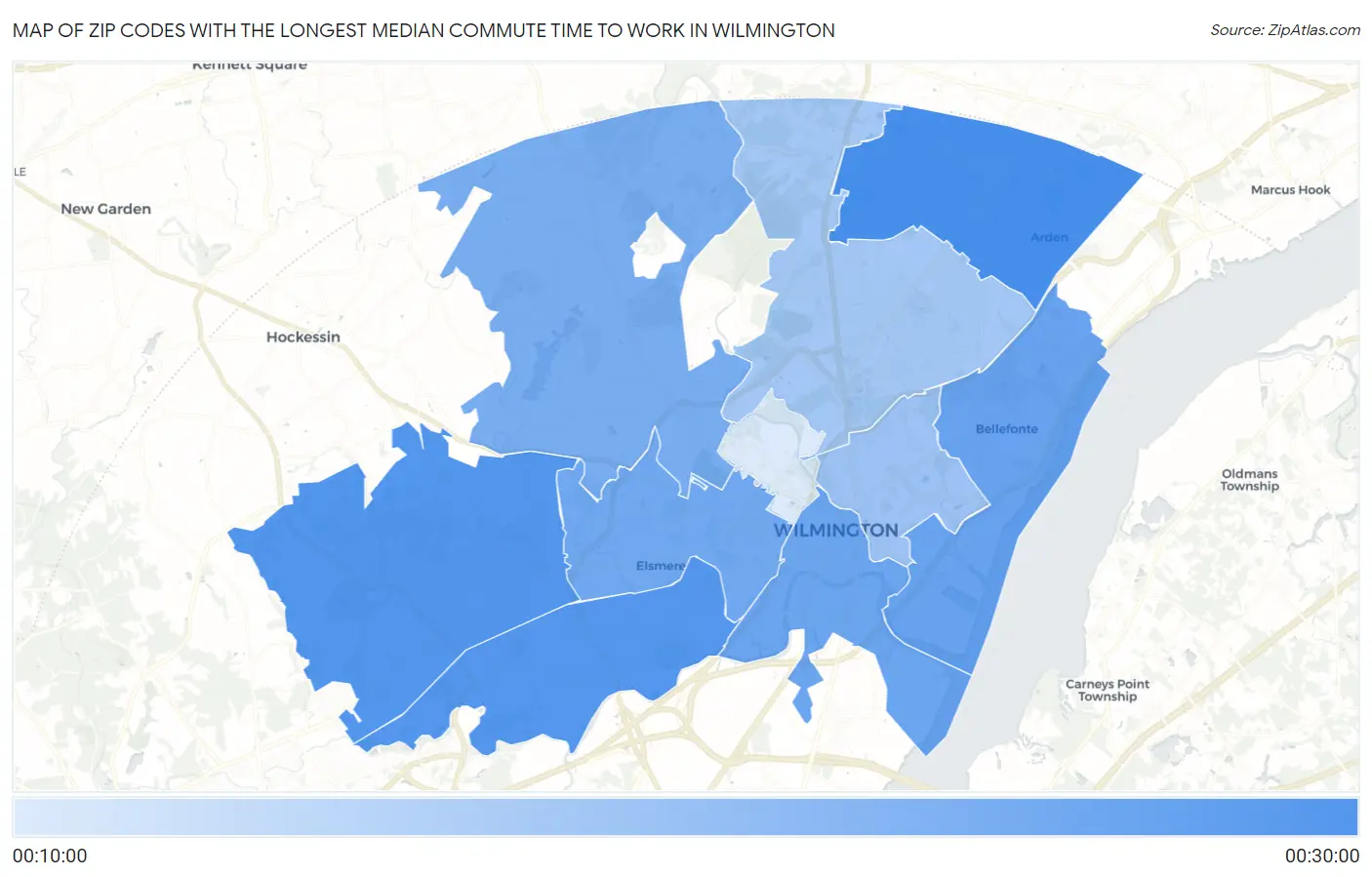 Zip Codes with the Longest Median Commute Time to Work in Wilmington Map