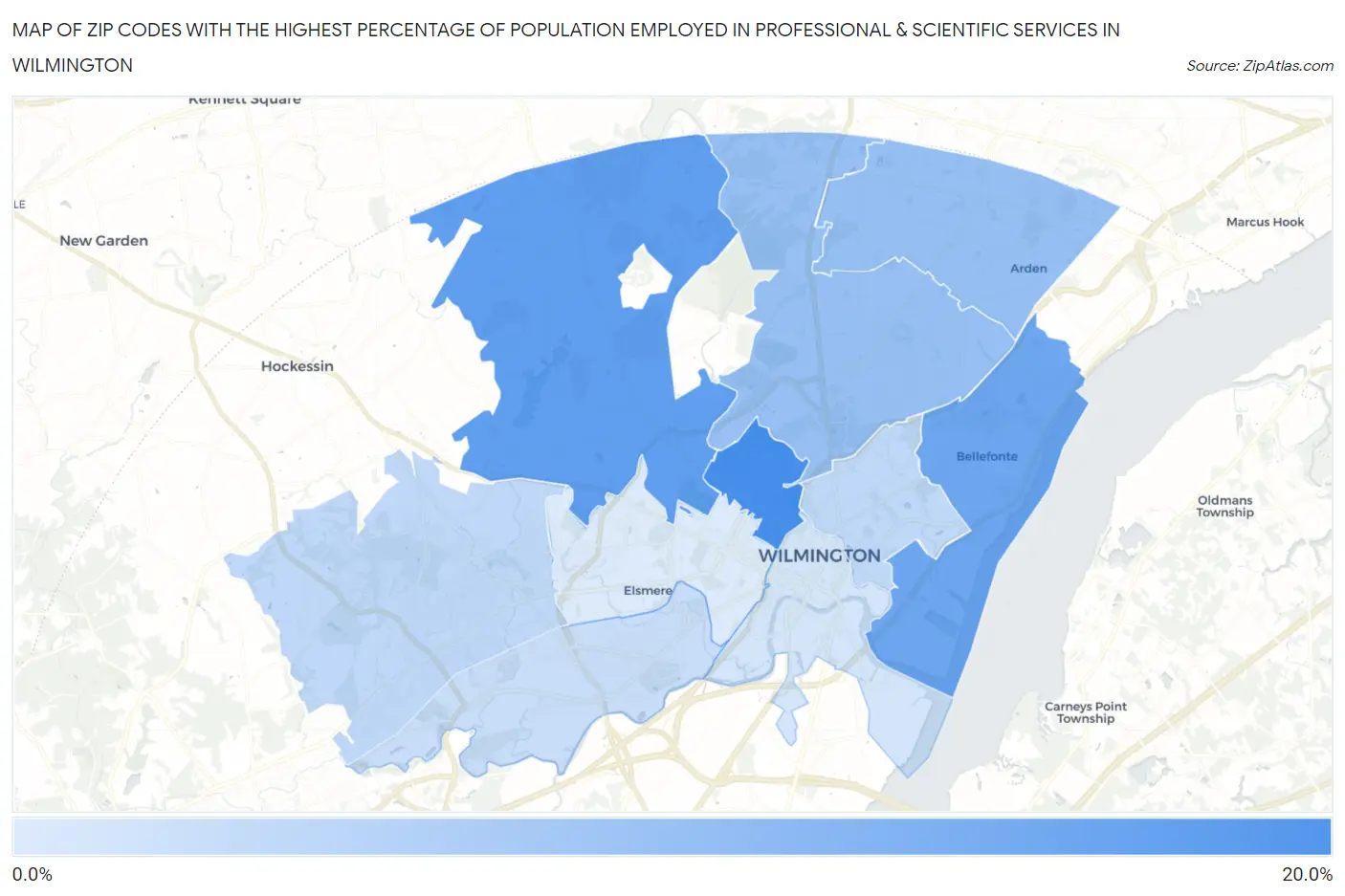 Zip Codes with the Highest Percentage of Population Employed in Professional & Scientific Services in Wilmington Map