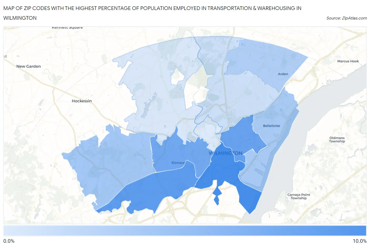 Zip Codes with the Highest Percentage of Population Employed in Transportation & Warehousing in Wilmington Map