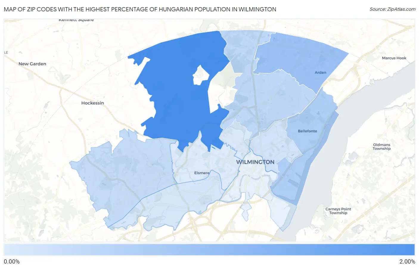Zip Codes with the Highest Percentage of Hungarian Population in Wilmington Map