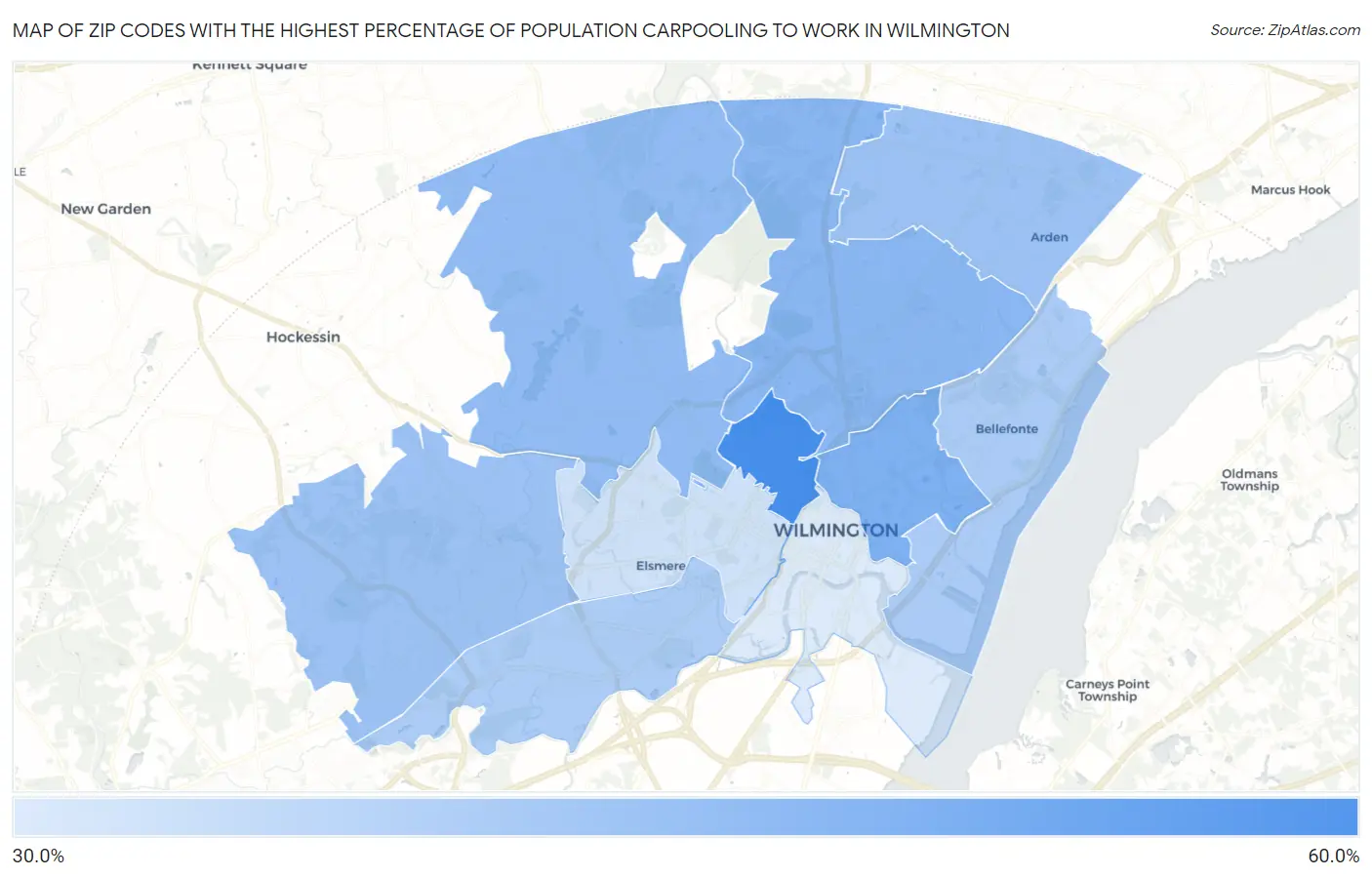 Zip Codes with the Highest Percentage of Population Carpooling to Work in Wilmington Map