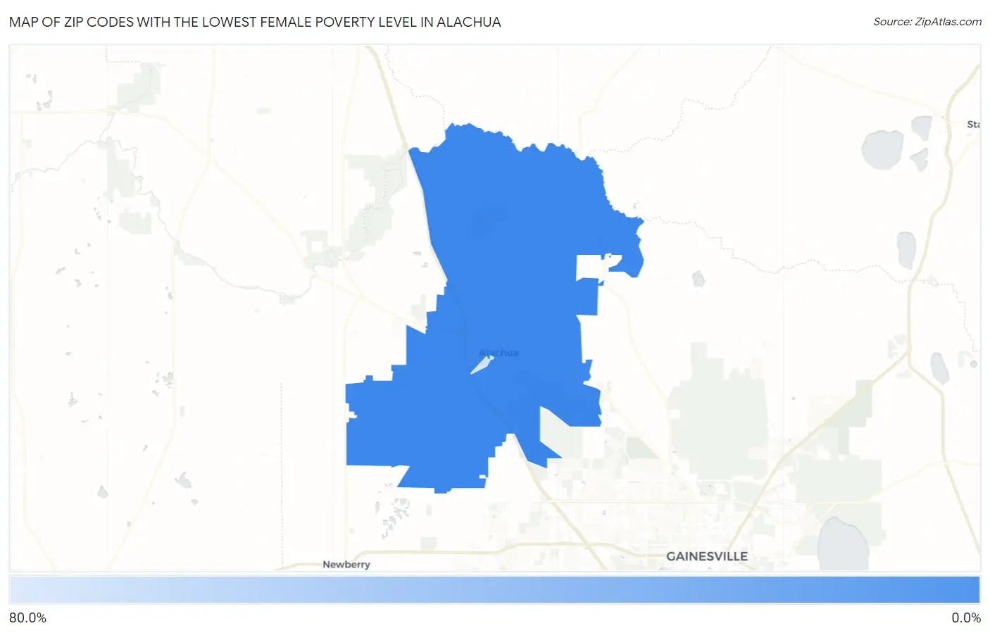 Zip Codes with the Lowest Female Poverty Level in Alachua Map