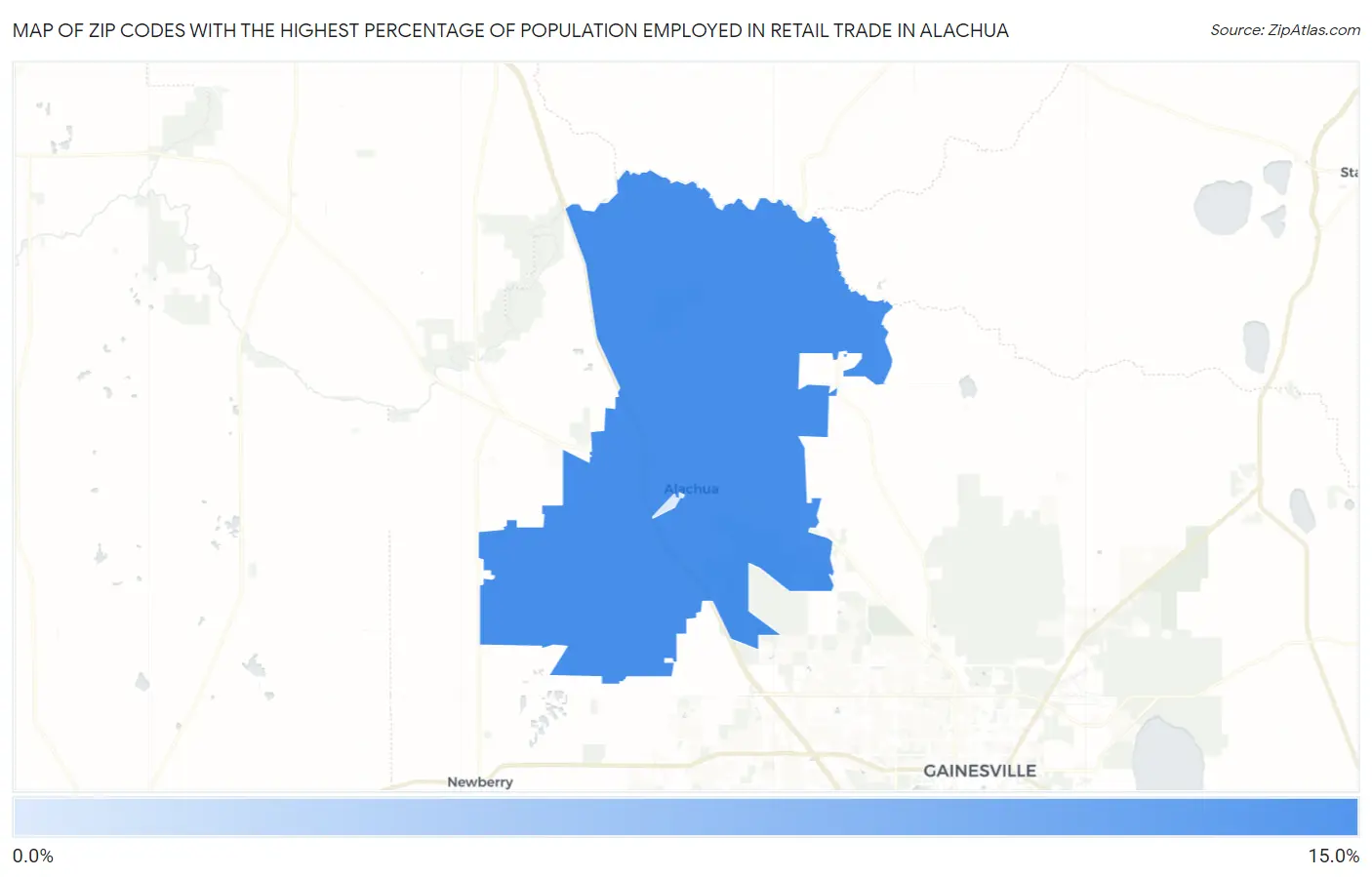 Zip Codes with the Highest Percentage of Population Employed in Retail Trade in Alachua Map