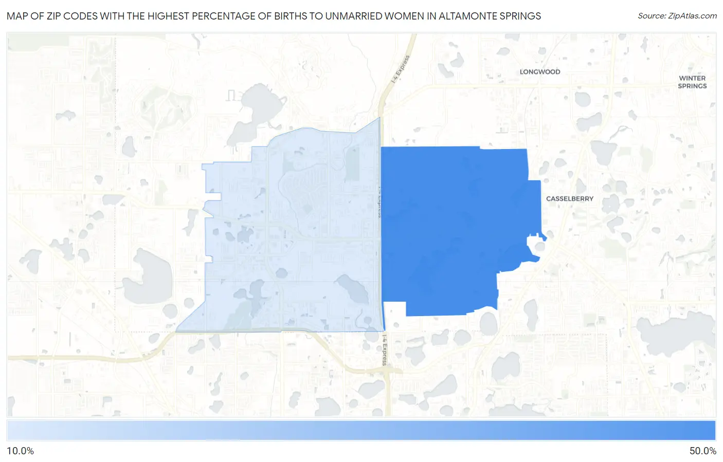 Zip Codes with the Highest Percentage of Births to Unmarried Women in Altamonte Springs Map