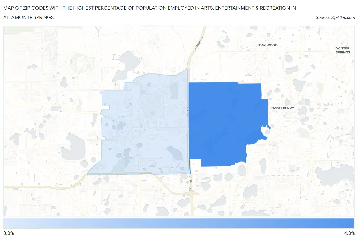Zip Codes with the Highest Percentage of Population Employed in Arts, Entertainment & Recreation in Altamonte Springs Map