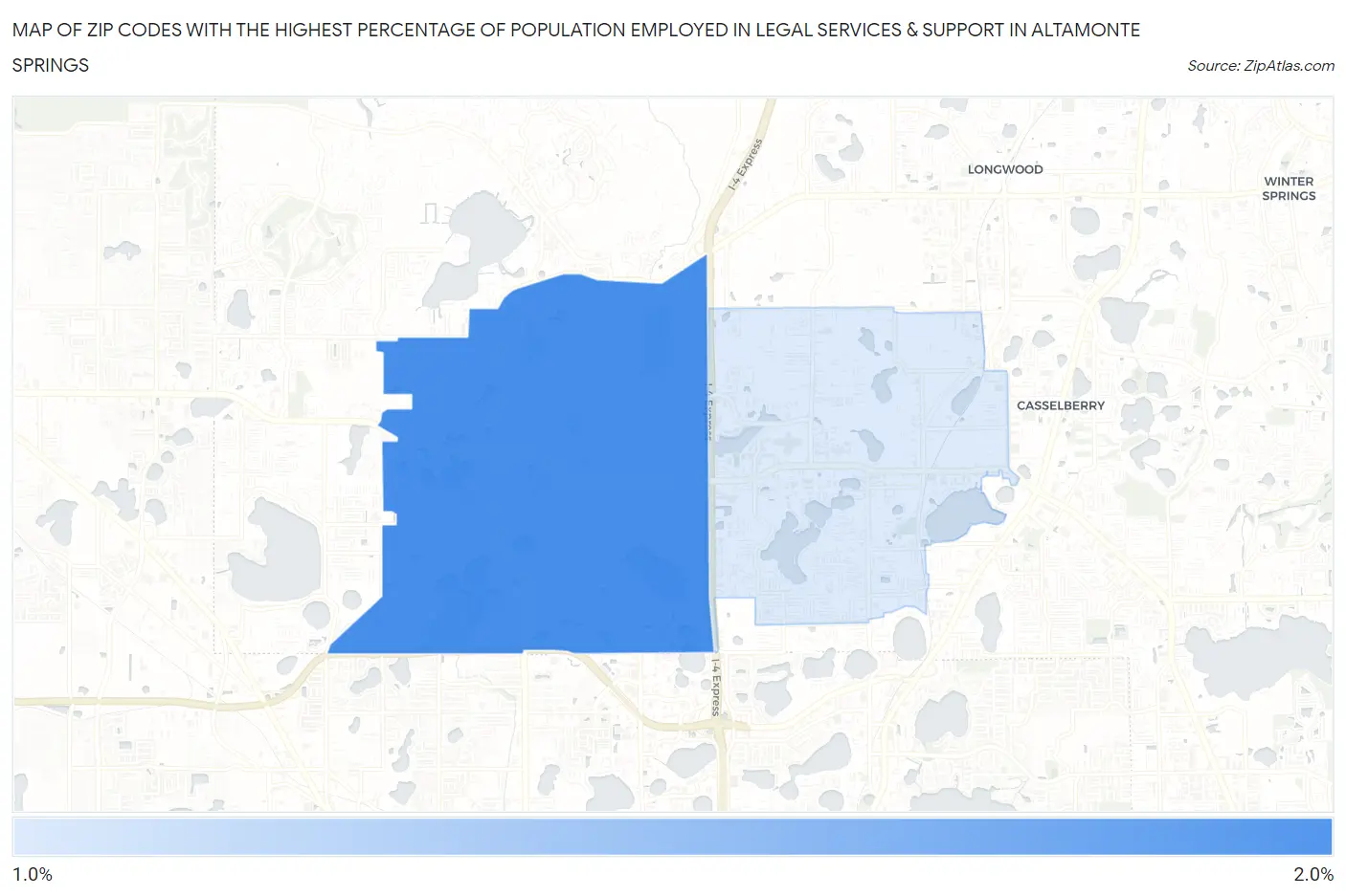 Zip Codes with the Highest Percentage of Population Employed in Legal Services & Support in Altamonte Springs Map