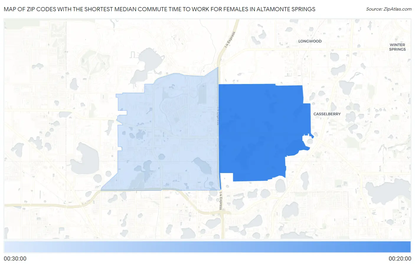 Zip Codes with the Shortest Median Commute Time to Work for Females in Altamonte Springs Map