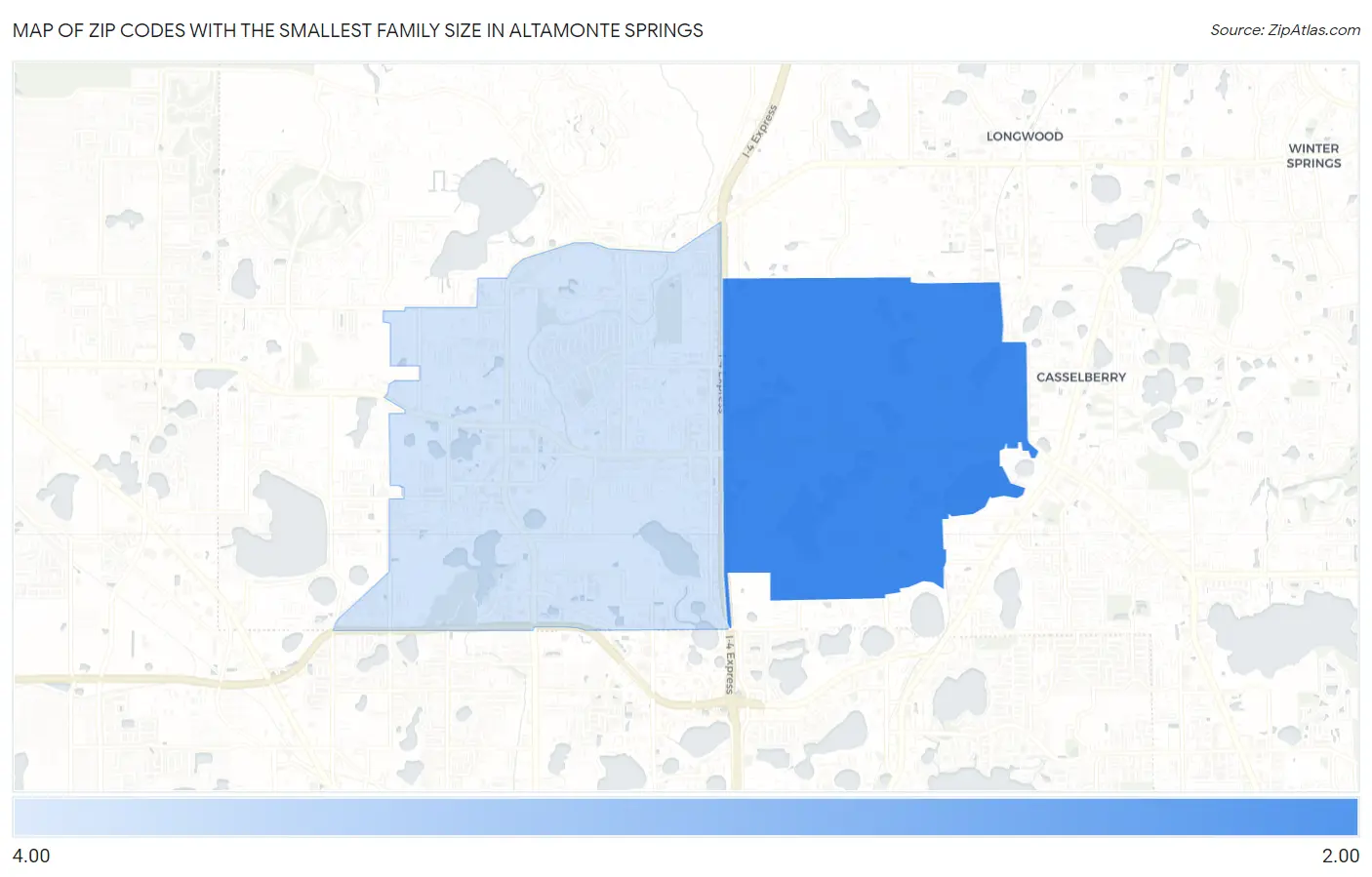 Zip Codes with the Smallest Family Size in Altamonte Springs Map