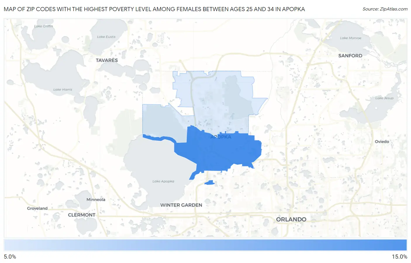 Zip Codes with the Highest Poverty Level Among Females Between Ages 25 and 34 in Apopka Map