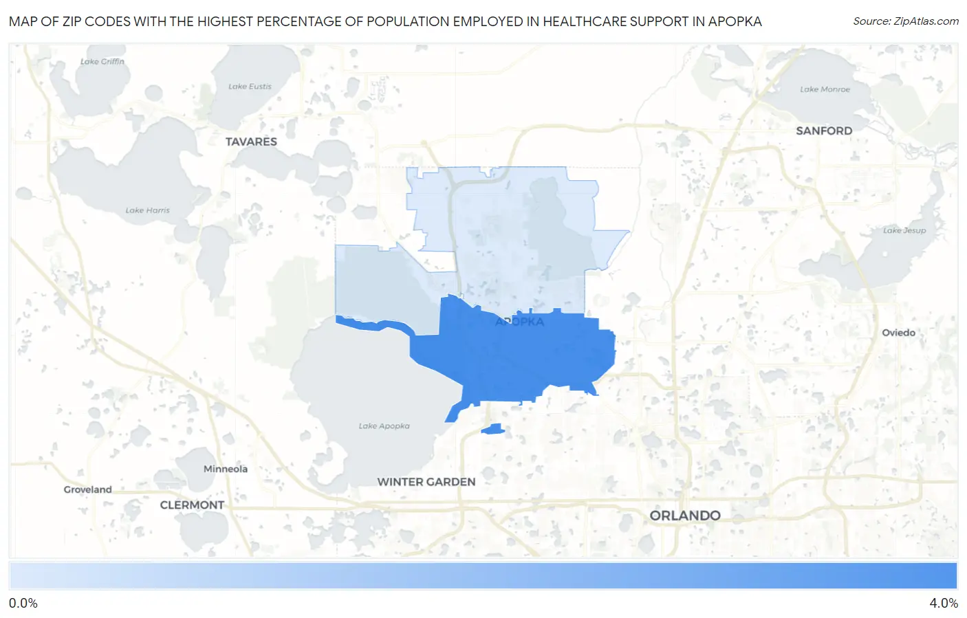 Zip Codes with the Highest Percentage of Population Employed in Healthcare Support in Apopka Map
