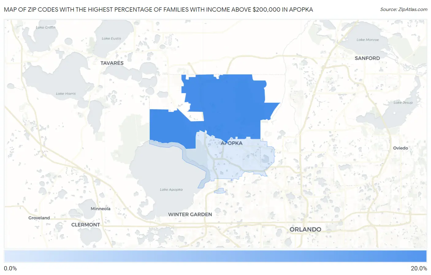 Zip Codes with the Highest Percentage of Families with Income Above $200,000 in Apopka Map
