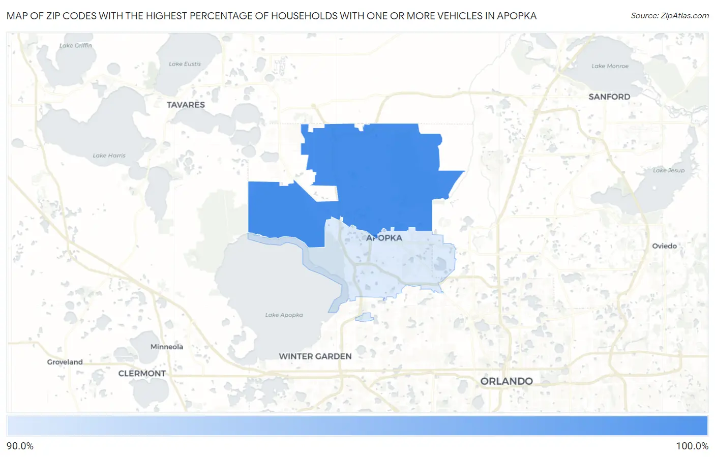 Zip Codes with the Highest Percentage of Households With One or more Vehicles in Apopka Map
