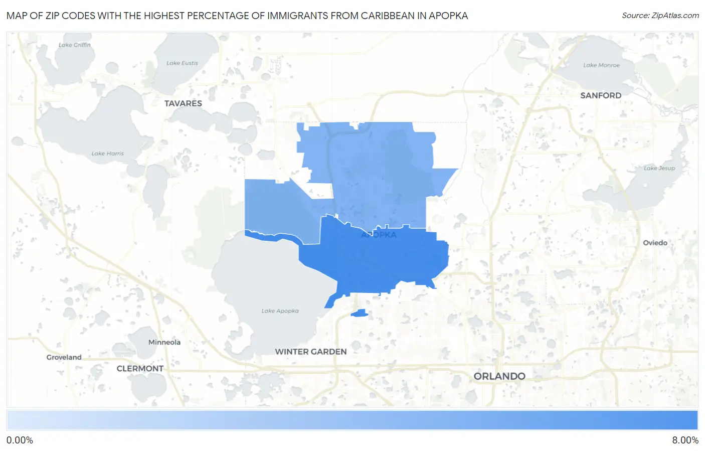 Zip Codes with the Highest Percentage of Immigrants from Caribbean in Apopka Map