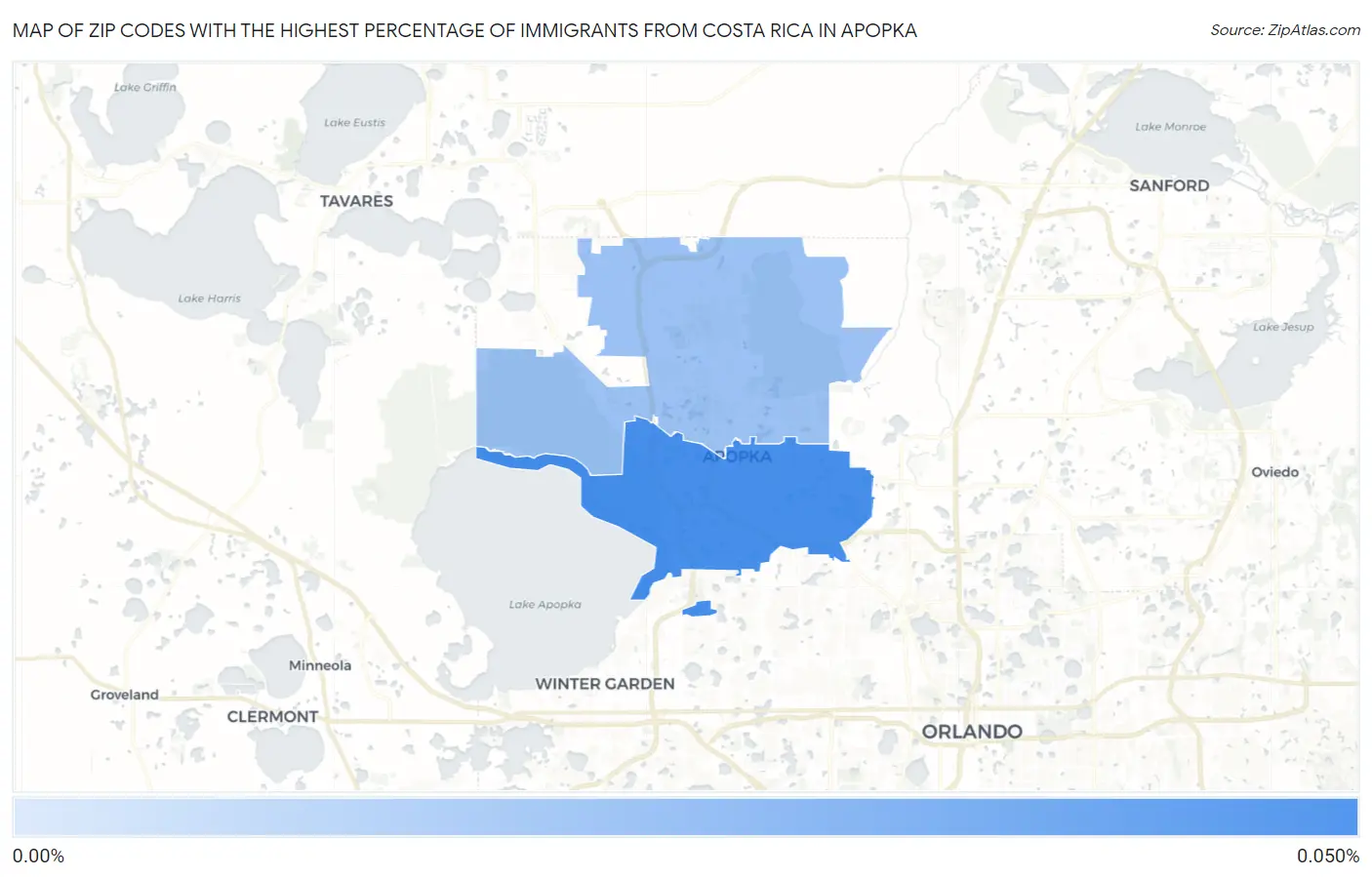 Zip Codes with the Highest Percentage of Immigrants from Costa Rica in Apopka Map