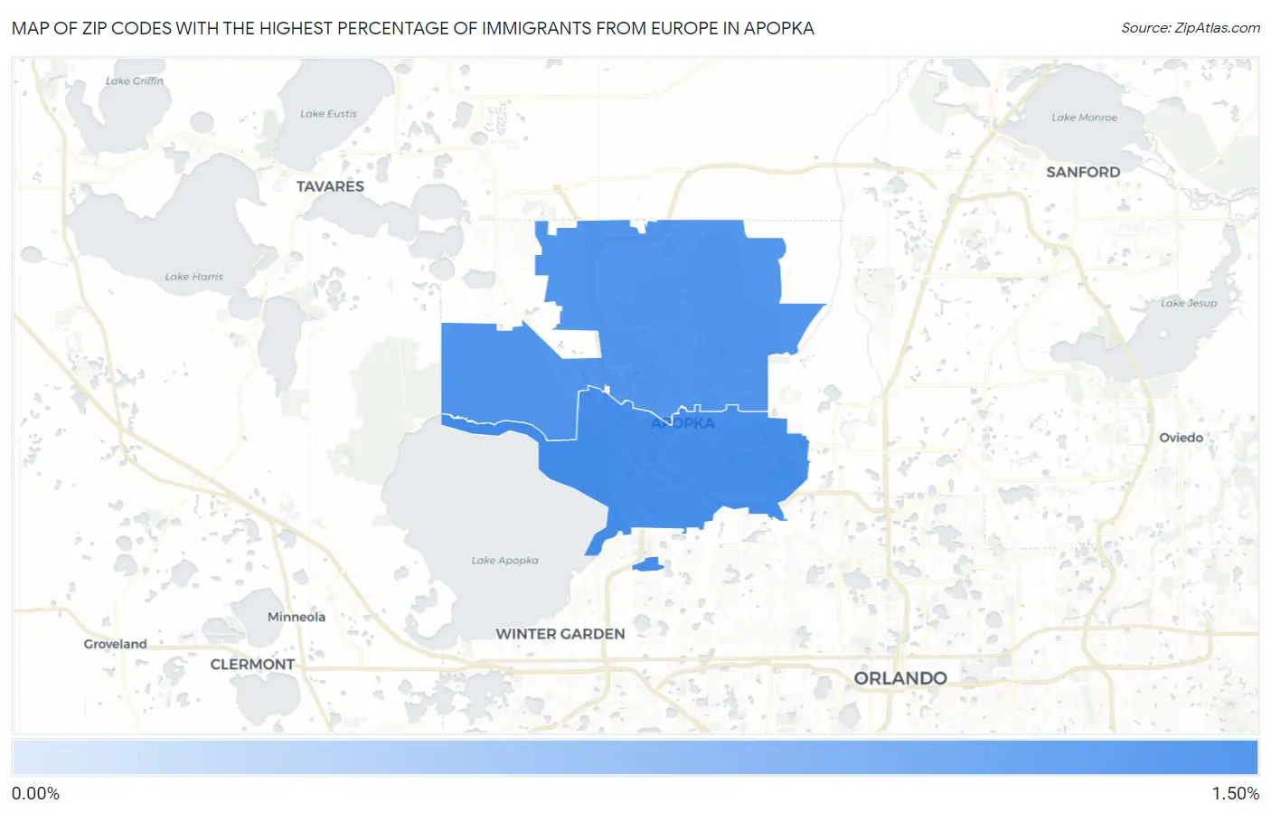 Zip Codes with the Highest Percentage of Immigrants from Europe in Apopka Map