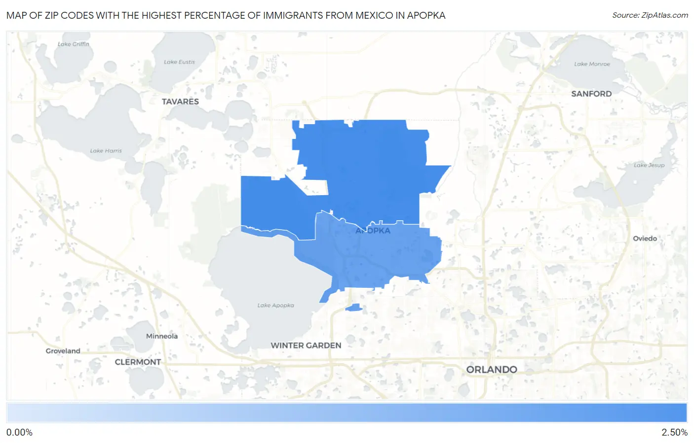 Zip Codes with the Highest Percentage of Immigrants from Mexico in Apopka Map
