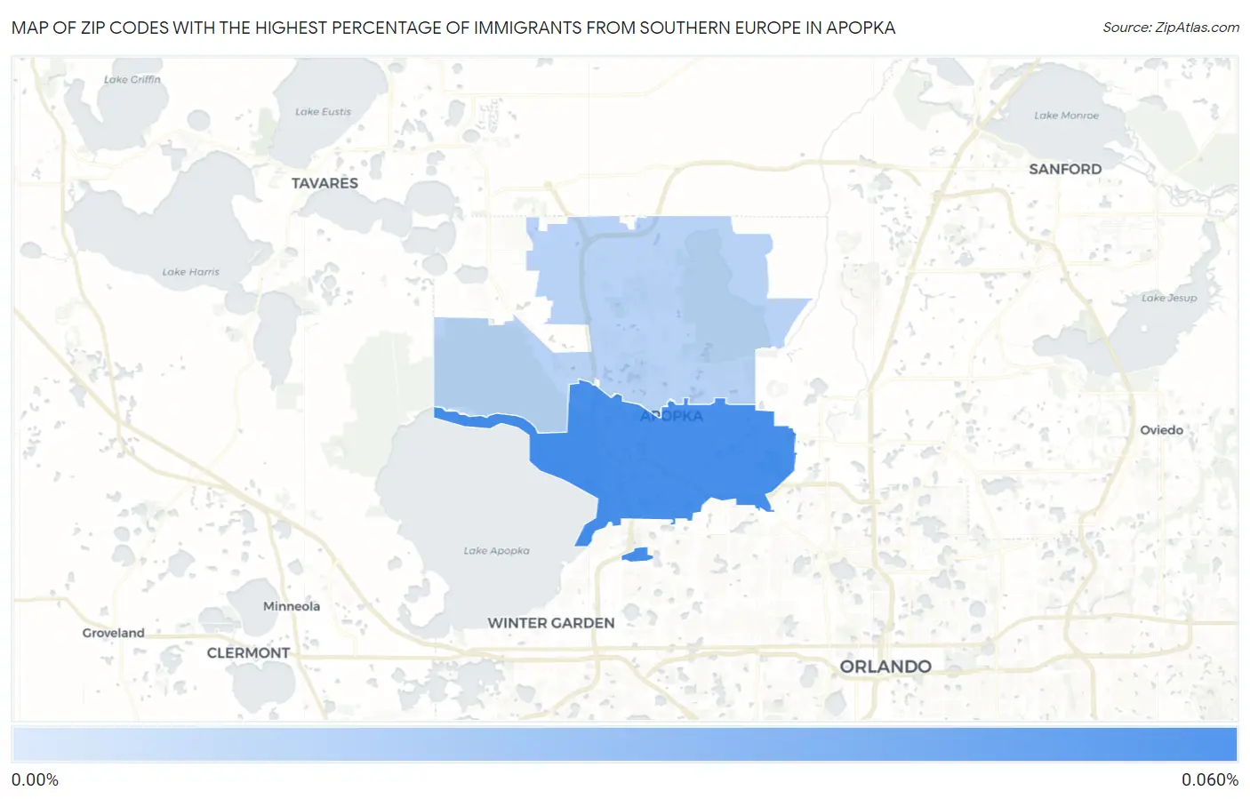 Zip Codes with the Highest Percentage of Immigrants from Southern Europe in Apopka Map
