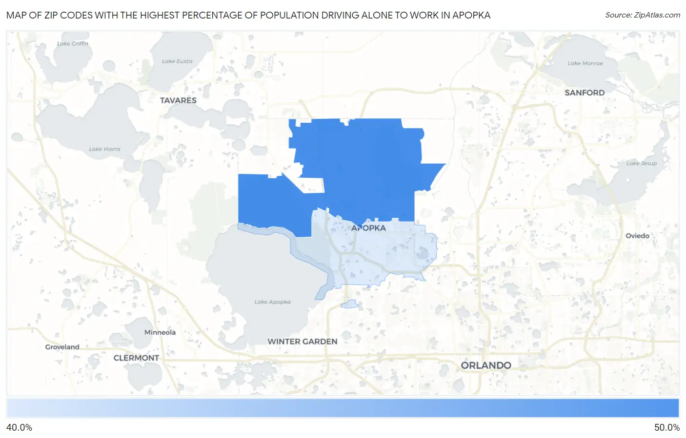 Zip Codes with the Highest Percentage of Population Driving Alone to Work in Apopka Map