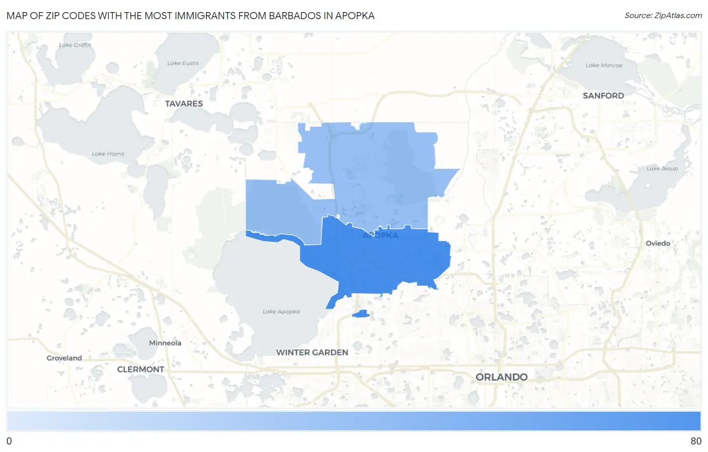 Zip Codes with the Most Immigrants from Barbados in Apopka Map