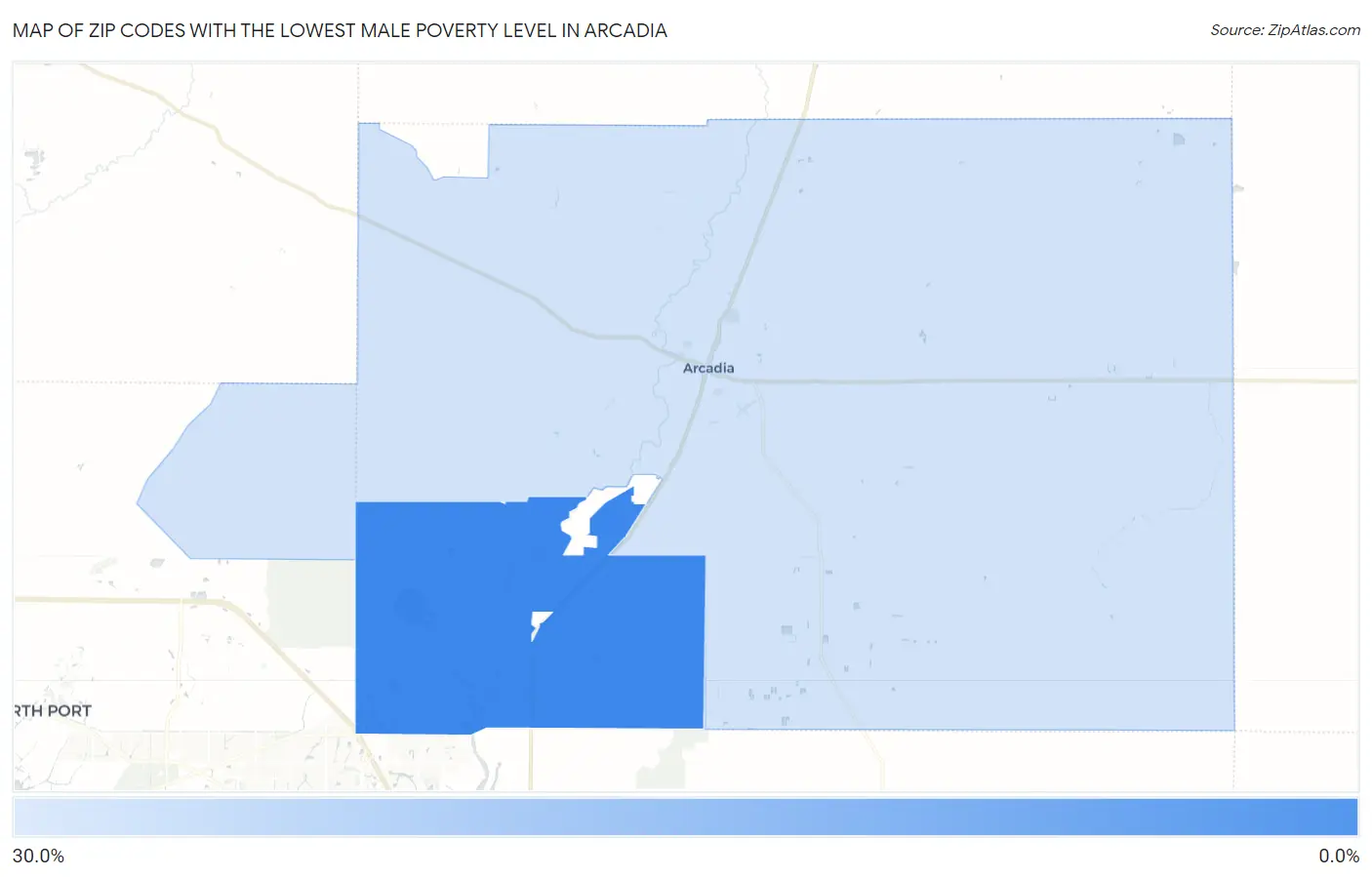 Zip Codes with the Lowest Male Poverty Level in Arcadia Map