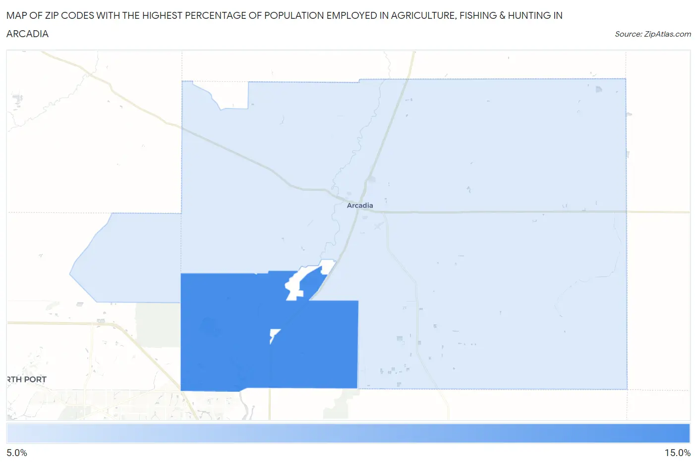 Zip Codes with the Highest Percentage of Population Employed in Agriculture, Fishing & Hunting in Arcadia Map