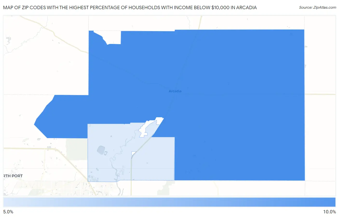 Zip Codes with the Highest Percentage of Households with Income Below $10,000 in Arcadia Map