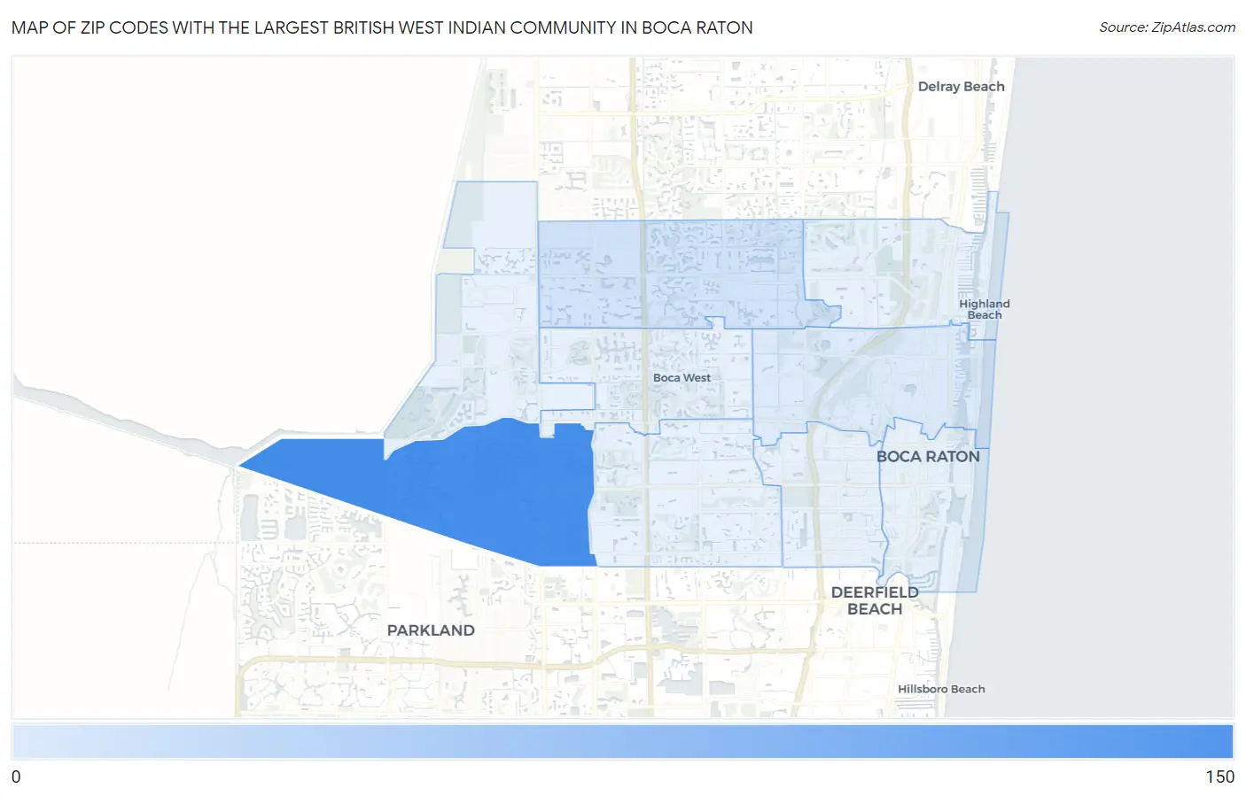 Zip Codes with the Largest British West Indian Community in Boca Raton Map